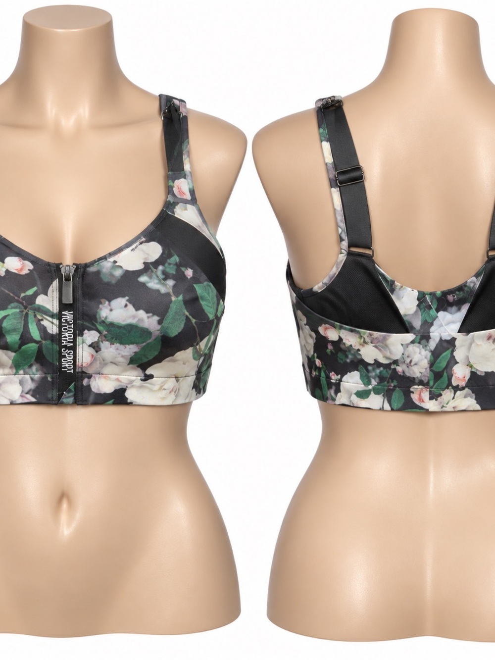 Victoria's Secret Black Floral Front-Zip Sports Bra
